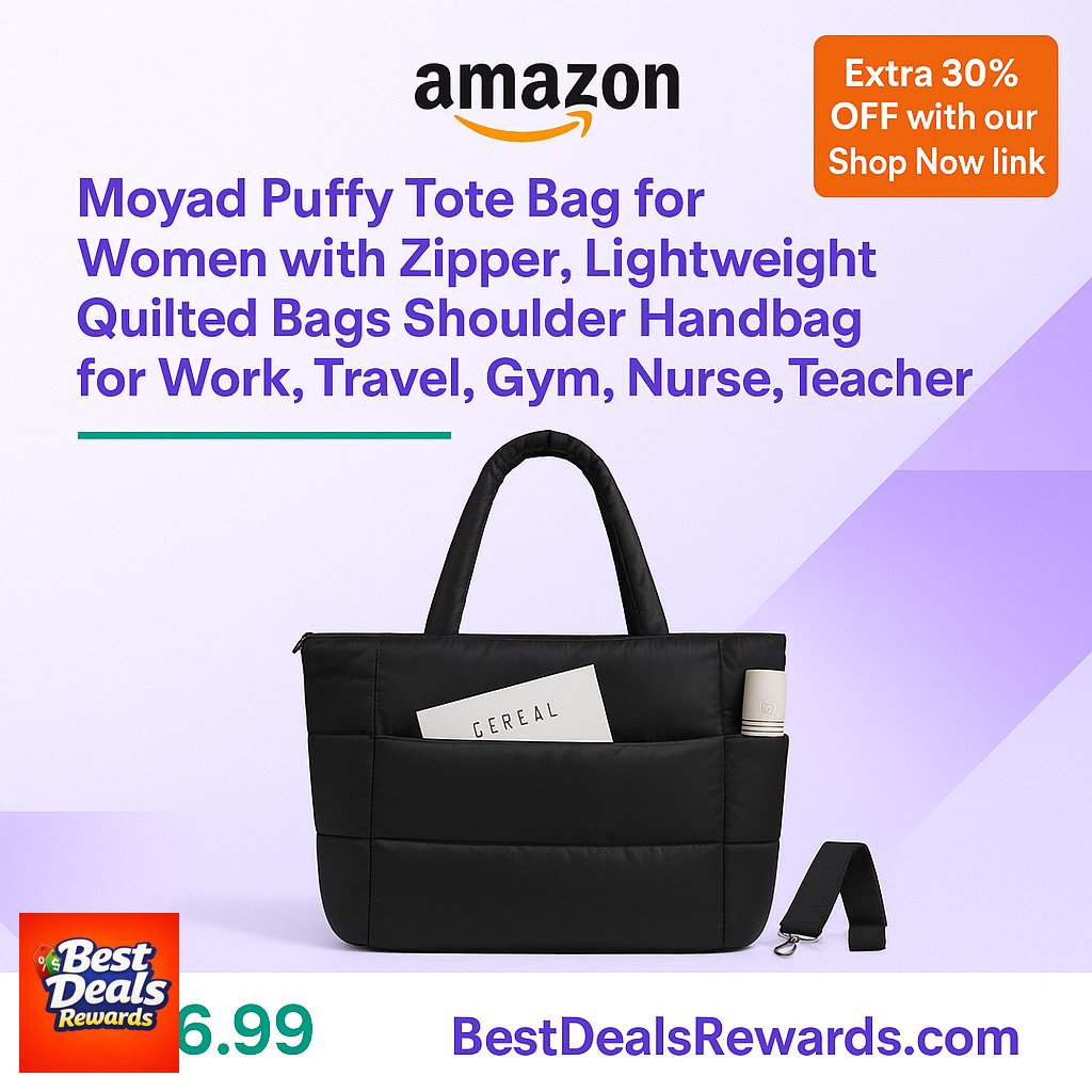 Moyad Puffy Tote Bag for Women with Zipper, Lightweight Quilted Bags Shoulder Ha